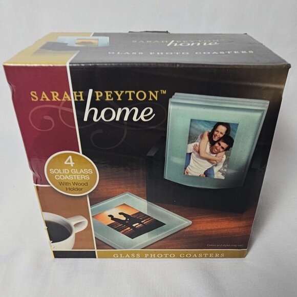 Coasters Set of 4 Beveled Glass Sarah Peyton Home Wood Holder Pictures NIB T13 - Picture 1 of 6